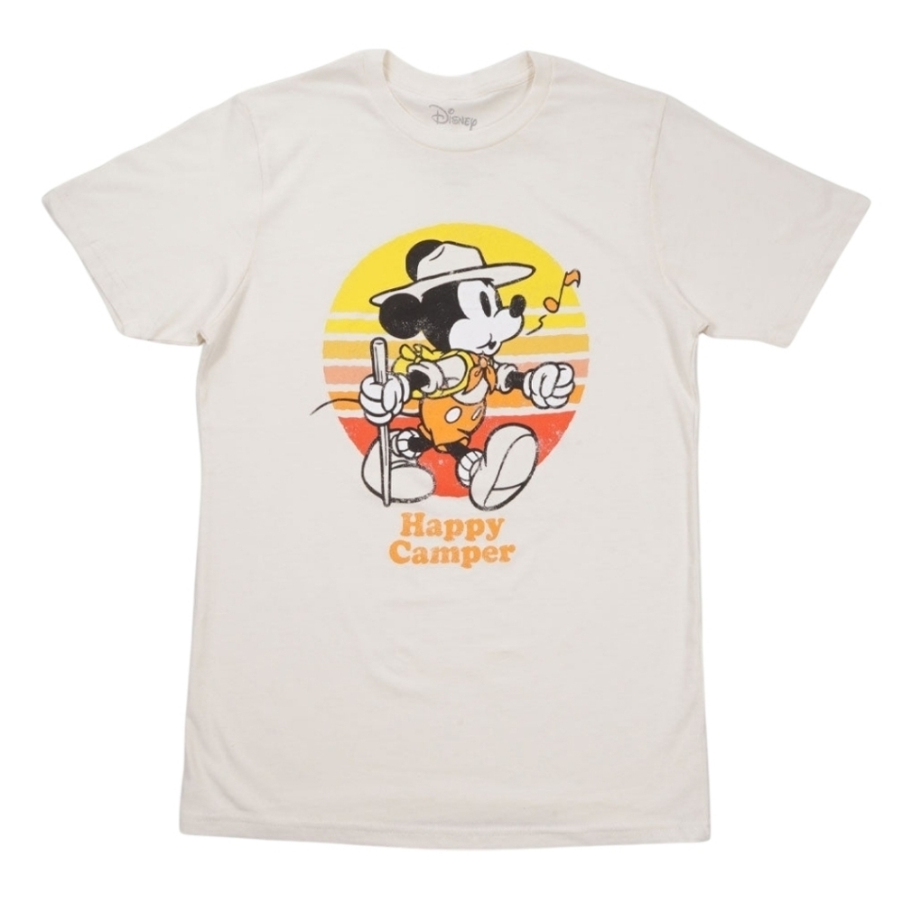 Disney Mickey Mouse Happy Camper Graphic Tee Unisex Medium Yellow Cream